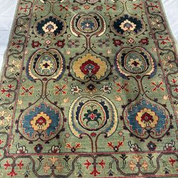 5x6.7 ft Handmade Authentic Oriental Bukhara Rug, Light green and multicolored accent, 100% Wool, for Living Room, Dining Room, and Bedroom