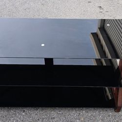 3-Tier Black Glass TV Stand Wood Frame