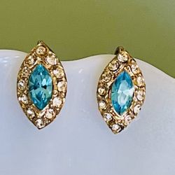 Vtg Coro Marquise Aqua Rhinestone Earrings