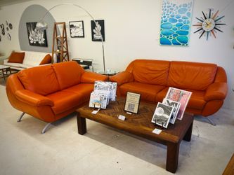 Nicoletti  Italian Authentic Leather Orange Couch + Love Seat
