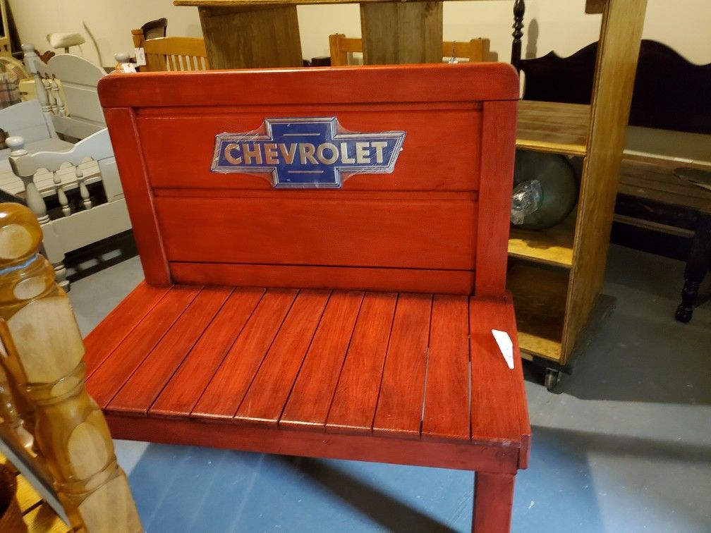 Bench Chevrolet logo red made from twin bed frame