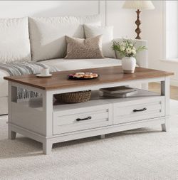 GarveeHome Farmhouse Coffee Table with Drawers, 47.2 in Center Table Rustic Coffee Tables White Brown Living Room Table, with Open Shelf and 6 Support