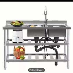 3 Tier Commercial Restaurant Sink Stainless Steel Kitchen Sink with 2 Basins Double Layer Draining Board Food Prep Table Heavy Duty Workstation Large 