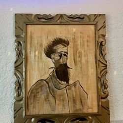 Hand-Painted Folk Art Portrait, Purchased Directly from Artist in El Paso (2016) – Carved Wood Frame