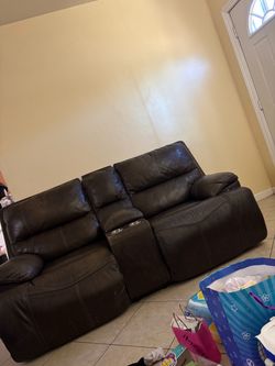 Dark Brown Leather Reclining Sofa with Console