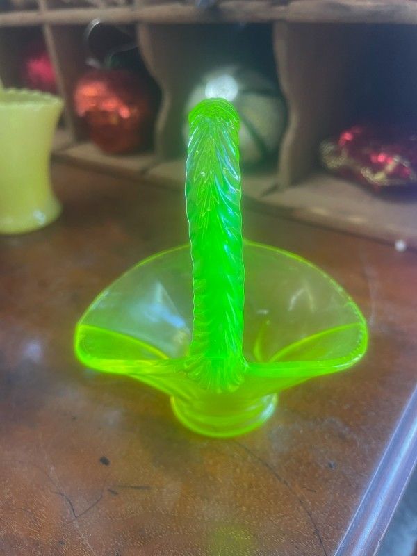 Antique Uranium Glass Miniature Basket 2 1/2" By 3  Green Glow In The Dark
