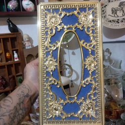 Vintage Gold Tone And Blue Tissue Box