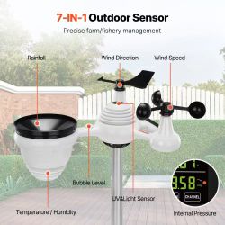 7-in-1 Wireless Weather Station, 7.5 in Color Display, Digital Weather Station Indoor Outdoor, for Temperature Humidity Wind Speed/Direction Rain UV, 