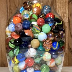 Vase Full Of 300 Marbles Beautiful, Colorful & Collectible  For Play Or Display