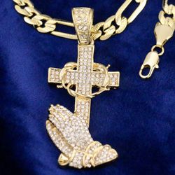 8mm 24” 14k Figaro Necklace & Prayer Hands Cross 