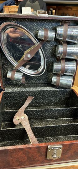 Vintage Portable Travel Bar Set with Metal Cups and Tray