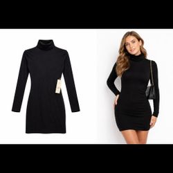 Black Bodycon Dress Turtleneck Long Sleeve Knit Pullover Women’s Short Casual