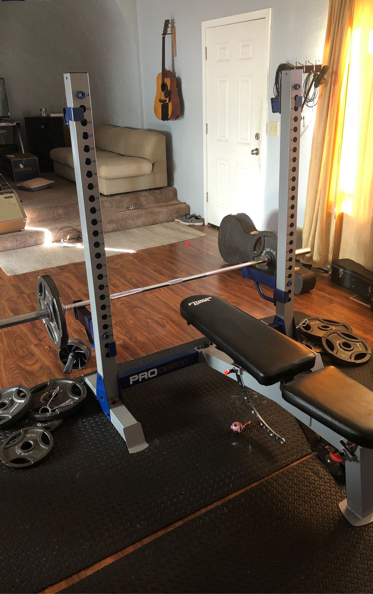 Fitness Gear Bench, Barbell, and weights