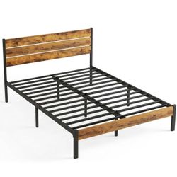 Full Size Metal Platform Bed Frame with Rustic Wooden Headboard, Heavy Duty Mattress Foundation, No Box Spring Needed, Rust Brown