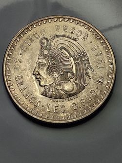 1948 Mo Mexico 5 Pesos Silver Coin 0.900 Fineness Cuauhtemoc