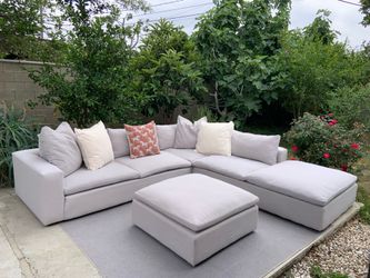 Utopia Modular 3 Piece Grey 123” Fabric Sectional With Right Arm Facing Bumper Chaise + Square Ottoman