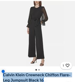 Calvin Klein Crewneck Chiffon Flare-Leg Jumpsuit Black 14