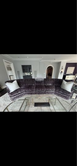 Large Curved Velvet Sofa with Damask Pattern