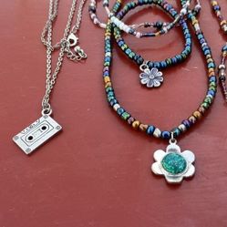 Girls Hand Crafted Necklace Tape Cassette Vintage Style Necklace  and two Bracelets 