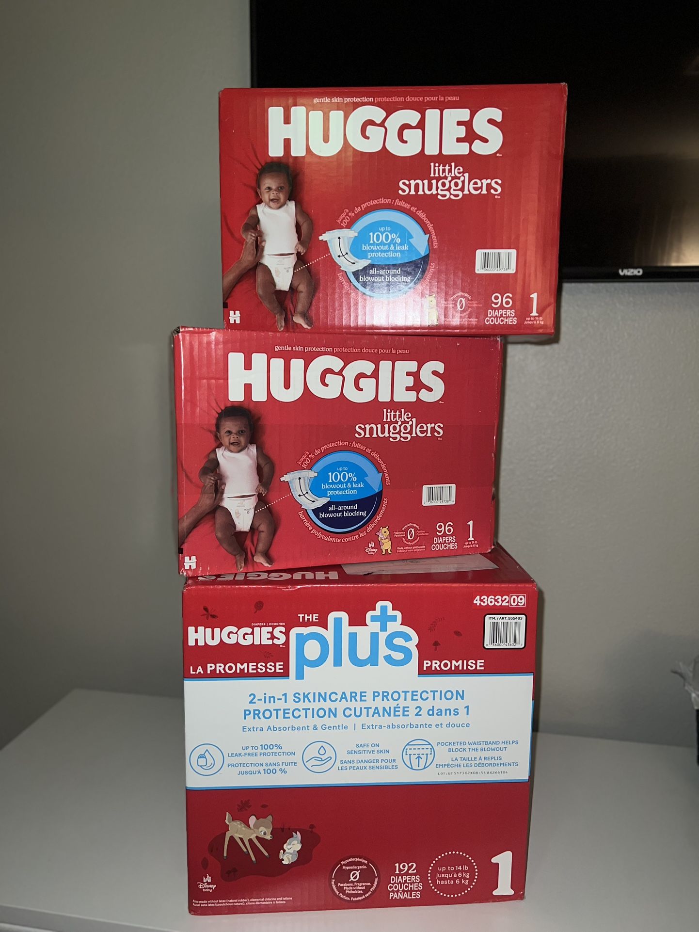 3 Boxes Of Huggies Size 1 Diapers 
