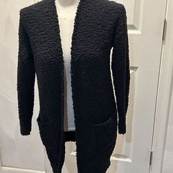 Merokeety Women’s Medium Black Chenille Chunky Textured Open Cardigan Pockets
