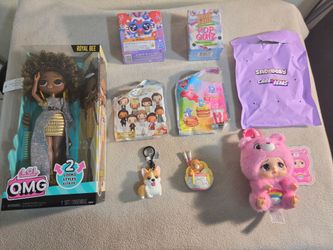 Royal Bee, Furby Furblet, Winston the Corgi [CHASE bag clip], Care Bear [CHASE magnet], Lyrically Correct Pop Quiz game,  Cheer Bear (Sad Babby) plush