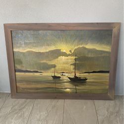 Large Oil Painting Of Sailboats In The Sunset By Moss On Driftwood Frame