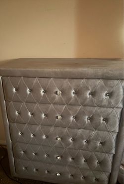 Gray Velvet Tufted Dresser with Crystal Knobs