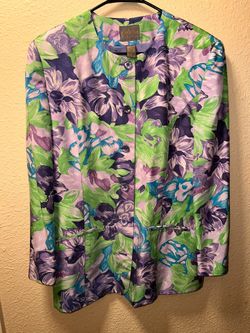 Vintage 80s Silk Padded Shoulder Floral Green and Purple Button Front Top 