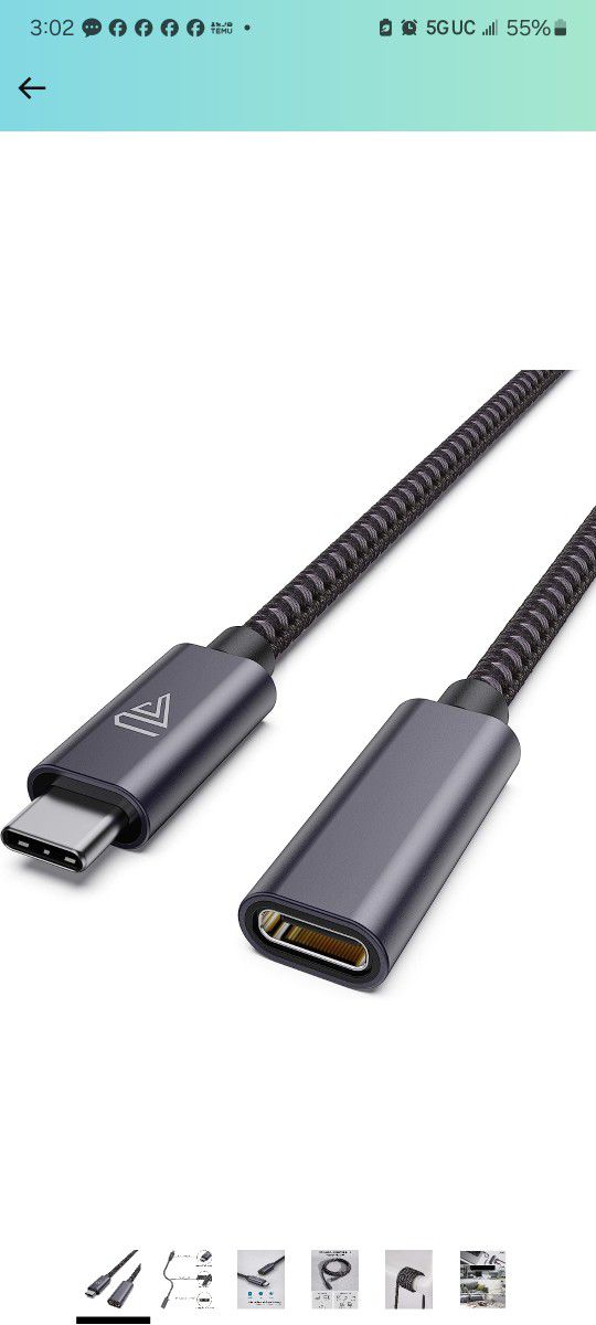 USB Type C Extension Cable (3.3ft/10Gbps), USB 3.1 Type C Male to Female, Charging and Sync Extension for MacBook Pro 2021/iPad Mini, M1 Air iPad Pro 