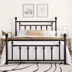 Amolife Full Bed Frame, Metal Platform Bed with Vintage Headboard & No Box Spring Needed, Black