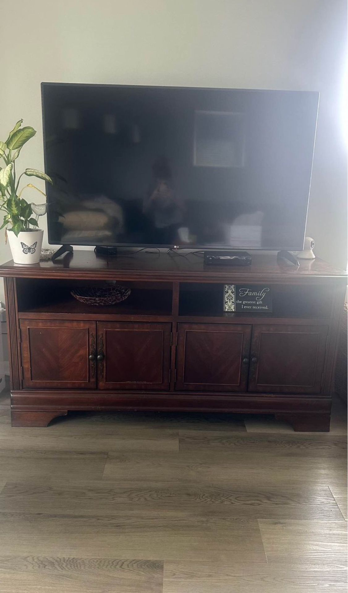 solid cherry wood tv stand | magnetic storage doors | 2 shelves | wire accessibility