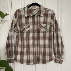 CATO Women's Cream Plaid Long Roll Tab Sleeve Button up Pockets Shirt Size M