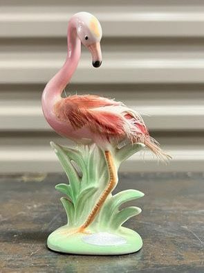 Retro 50s Pink Flamingo w/feathers - Kitschy Vintage Japan Ceramic Figurine