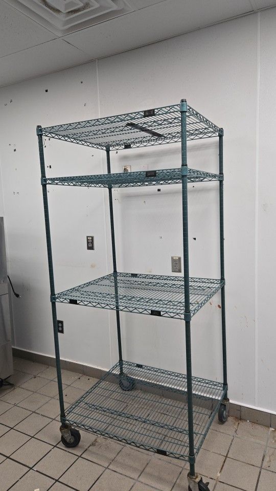 wire shelving unit with a green epoxy finish