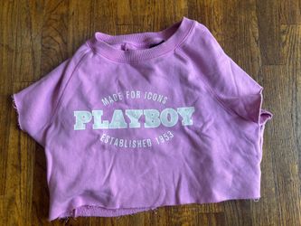 Pink Playboy cropped sweatshirt with white text reading 'MADE FOR ICONS', 'PLAYBOY', and 'ESTABLISHED 1953' size small