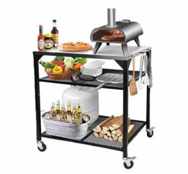 Grill Cart, Stainless Steel Tabletop Size Grilling Table, Outdoor Cooking Table with 4 Wheels & Side Handle, Two Mesh Shelves, BBQ Prep Tables for Pat