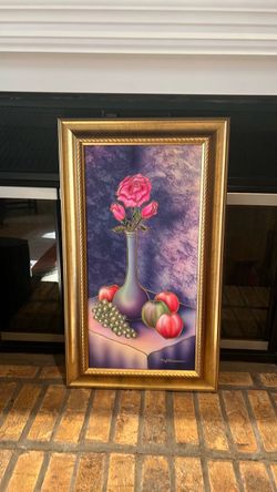 Framed Still Life Painting with Roses and Fruit