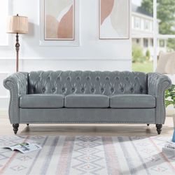 Gray Chesterfield Sofa — Tufted Faux Leather, 3-Seater - Brand New in Box!
