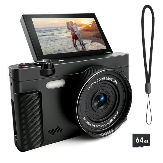 4k Digital Camera with WiFi,Autofocus Vlogging Camera for YouTube & Beginners,3 Inch Screen,18X Zoom,Fill Light Mode,Includes 64GB SD Card,1500mAh Bat