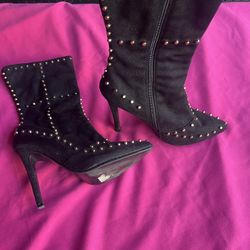 Women Boots Faux Suede Gold Studded Pointed Toe Side Zip Thin Heel Boots Ladies Shoes Woman