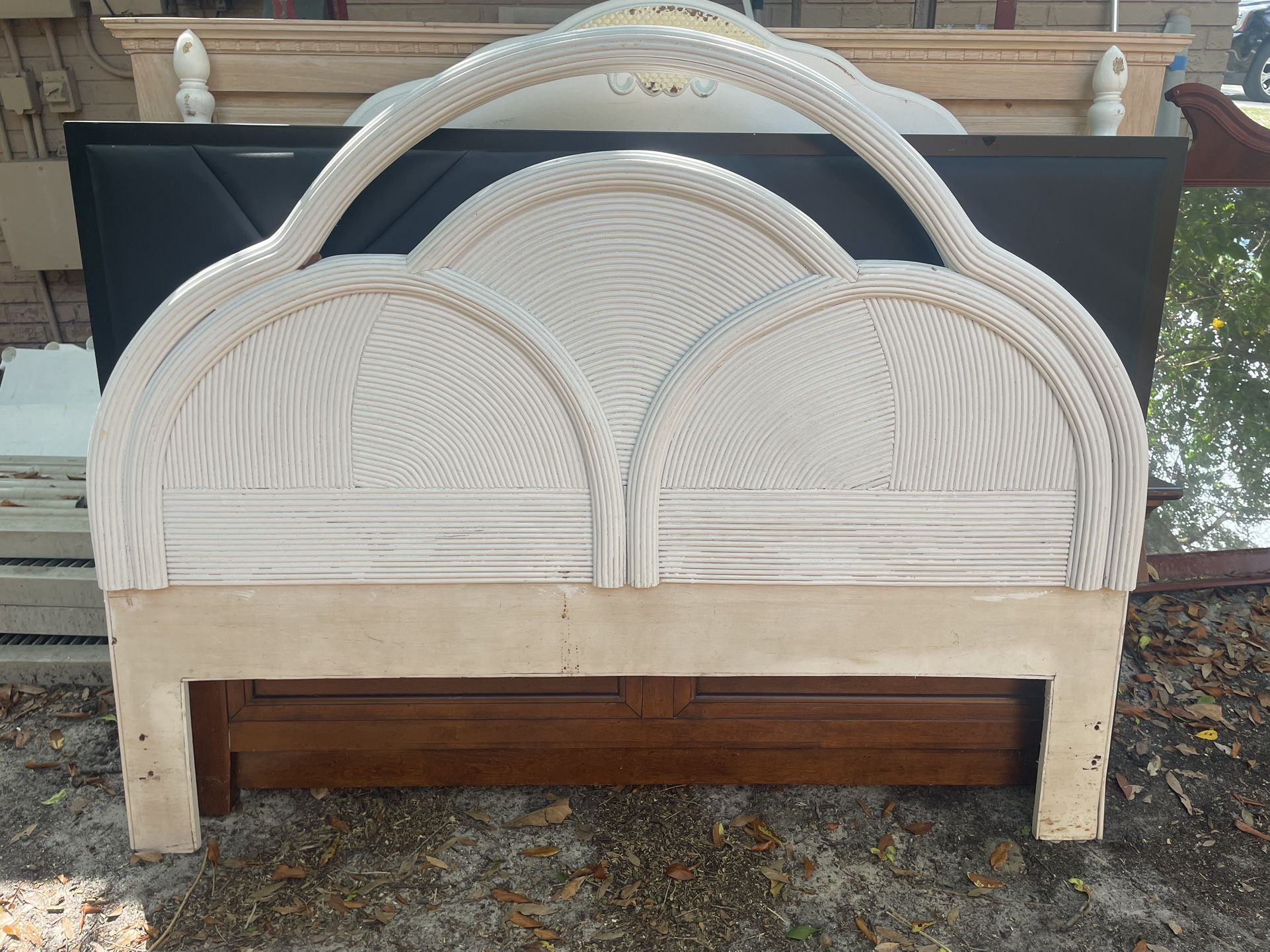 Vintage Coastal Painted Arched Pencil Reed Headboard