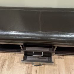 Dark Brown Leather Bedroom Storage Bench With Drawers