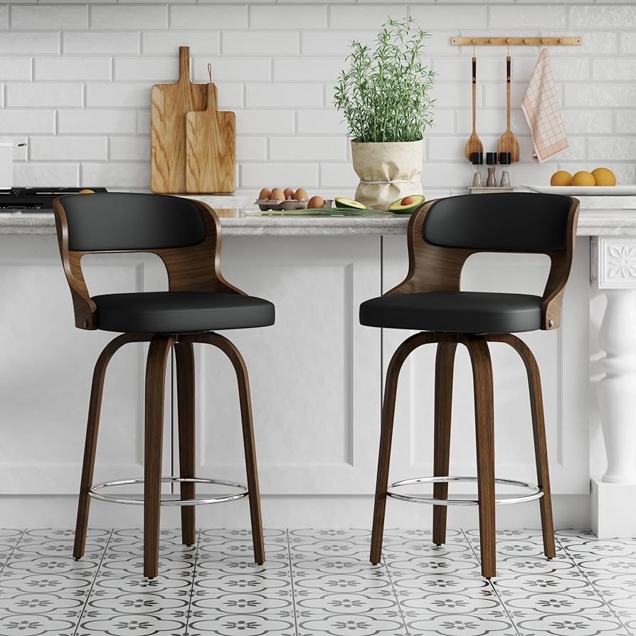 P57 Swivel Bar Stool Set of 2, 26” Bar Stools with Backrest and Walnut Legs, Mid-Century Modern Bar Stools Island Bar Stools for Kitchen Count