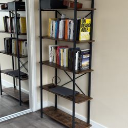 5-Tier Dark Brown Bookcase w/ Metal Frame – Like New