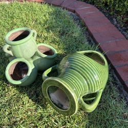 SMALL Lot 2 Green Glazed Garden Pots Small Strawberry Drainage Succulent Yard Pots Herb Vases Yard Flowers Miniatures Plants  