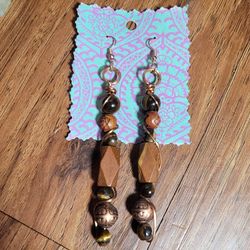 Handmade Copper Wrapped Tiger's Eye Beaded Earrings