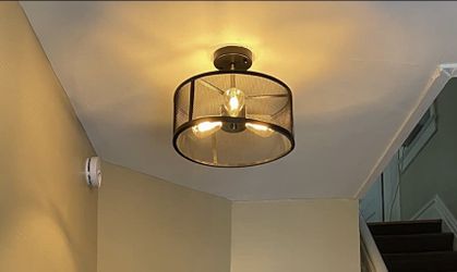 14.2'' Industrial Farmhouse Semi Flush Mount Ceiling Light Fixture. 3-Light Industrial Black and Gold Drum Ceiling Light Fixture