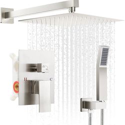 Brushed Nickel Shower Faucet Set, 10 inch Rain Shower System w/Pressure Balance Valve, Wall Mounted 2-Functions Bathroom Shower Systems w/Rain Shower 