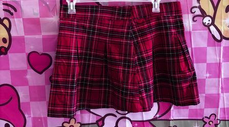 Red plaid mini skirt with black and white lines